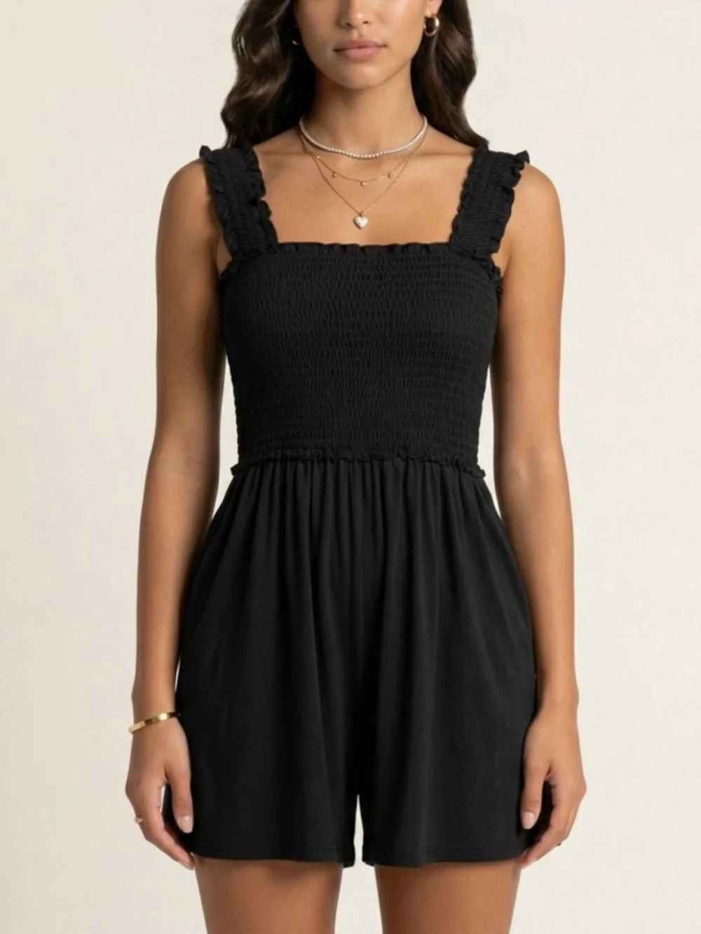 Black Smocked Romper Ruffle Strap Swiss Dot Shorts | Size L - Picture 3 of 11